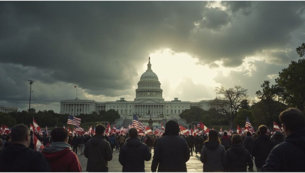 Illustration of the U.S. Capitol under storm clouds with protestors and workers symbolizing the looming 2025 government shutdown.