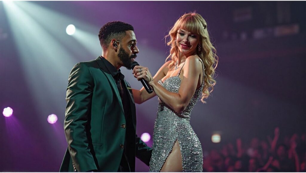 Taylor Swift performing in a glamorous showgirl outfit alongside Miguel, promoting their new 2025 albums