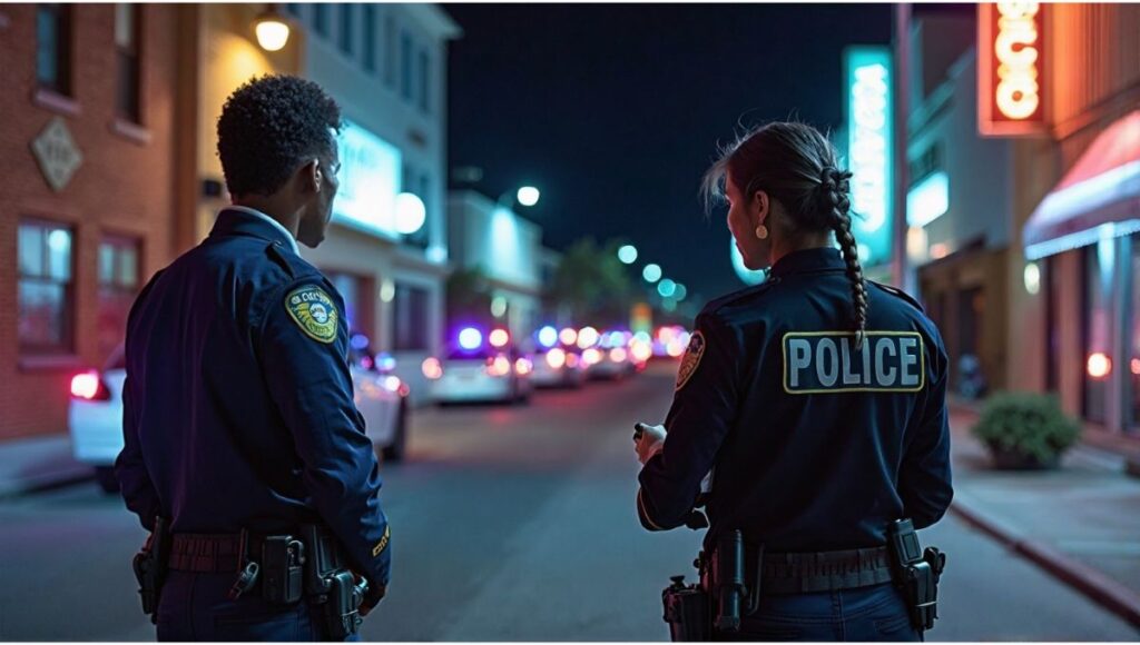 illusion California police officers patrolling urban streets as part of crime suppression efforts.