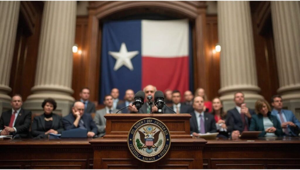 illusion Texas State Capitol in Austin with dramatic sky, representing Texas politics, abortion pill lawsuits, bathroom bill debate, voting changes, and flood relief in 2025.