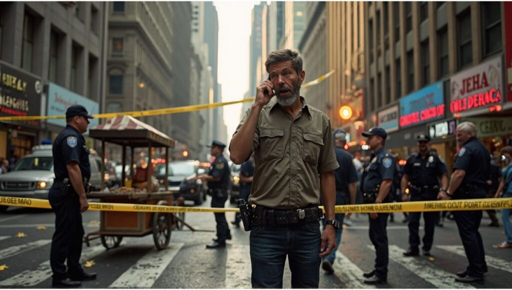 "New York City crime collage showing police lights in Queens, a Midtown nail salon, Brooklyn IHOP stabbing scene, and Bronx candlelight vigil."