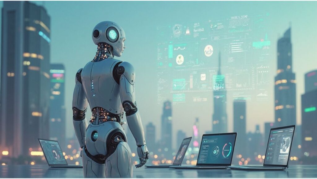 "Illustration of Artificial Intelligence shaping the future of healthcare, business, and technology in the United States, 2025."