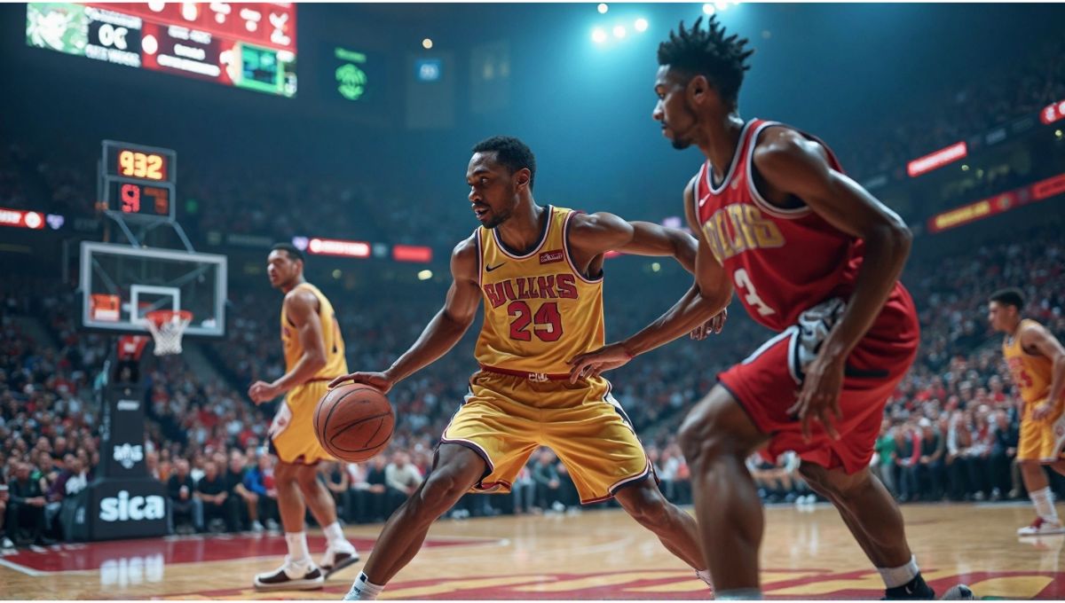 "Illustration of NBA basketball players competing on the court with fans in the stadium, highlighting player transfers and international competitions in 2025."