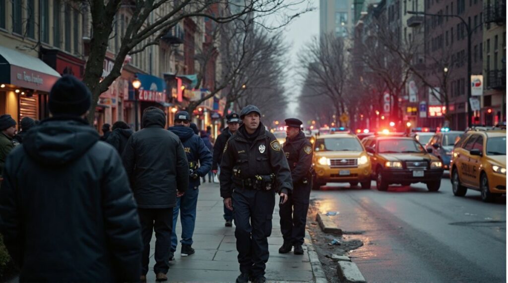 Queens hit-and-run investigation scene, early morning 2025, police and pedestrians, NYC street.