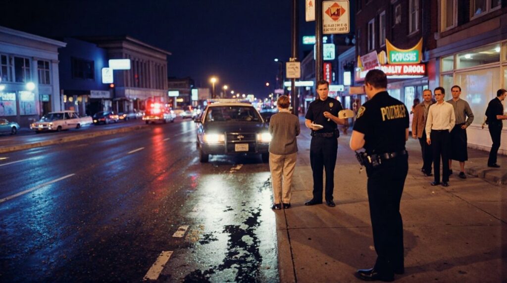 Washington D.C. hit-and-run accident scene, police and pedestrians, nighttime investigation, 2025.
