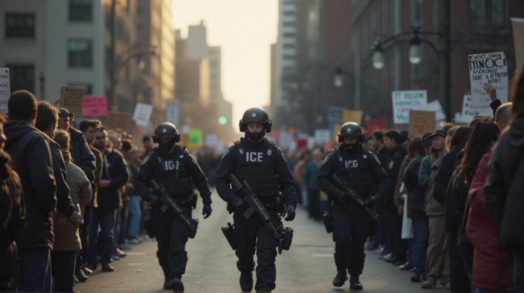 "illusion ICE officers conducting Operation Midway Blitz in Chicago as protesters gather nearby, September 2025."