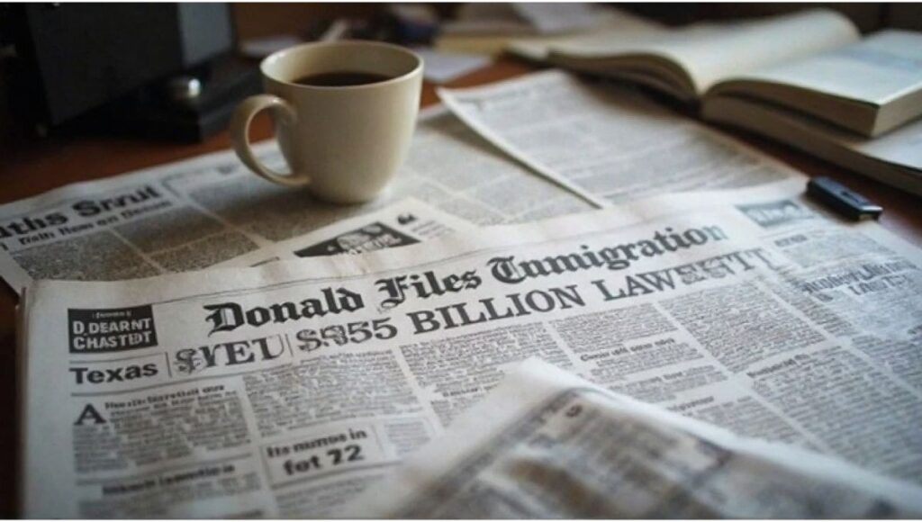 Former President Donald Trump speaking at a rally after announcing lawsuit against The New York Times