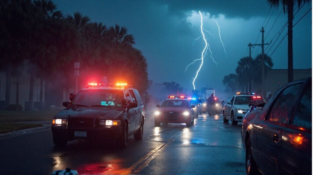 "Florida public safety scene with police cars, emergency responders, and stormy weather, highlighting recent crime incidents and safety alerts."