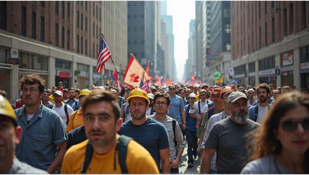 Illustration of Labor Day 2025 in the U.S. with families celebrating, closed signs on banks and postal services, and economic charts reflecting market concerns.