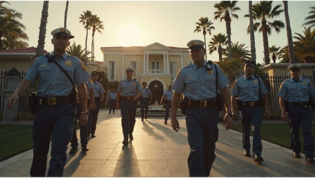 Hollywood entertainment in California: celebrity crime scene, political movie, and Taylor Swift Super Bowl performance.