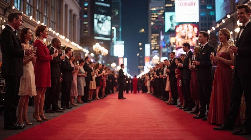 “Red carpet at the 2025 New York Film Festival in Lincoln Center, New York City — filmmakers, lights, and cinematic atmosphere.”