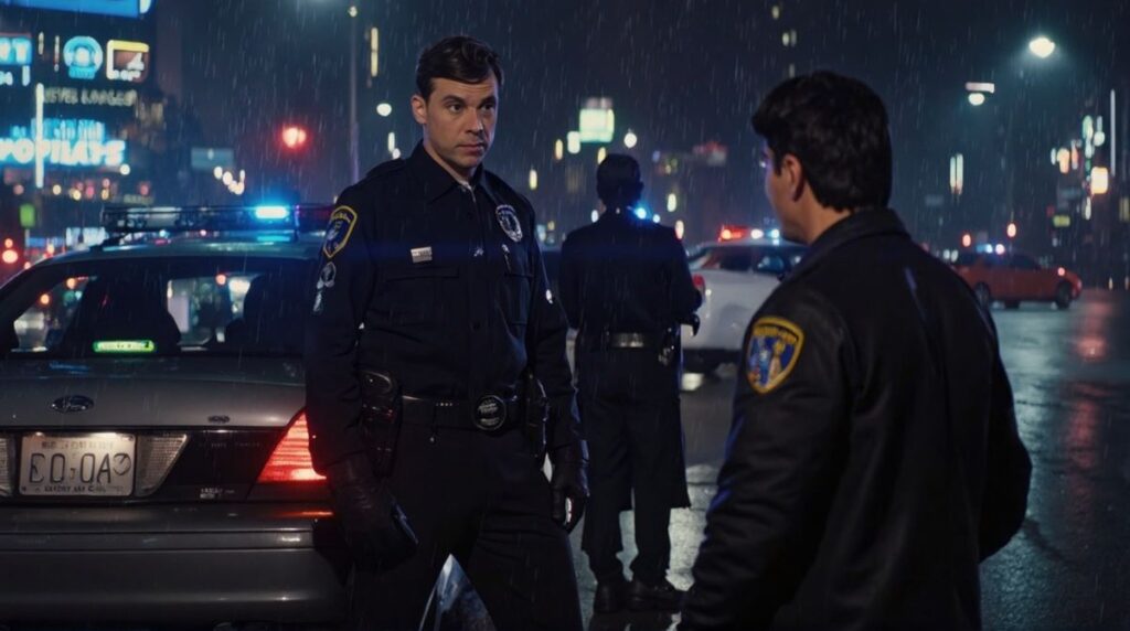 A nighttime scene in Manhattan showing an off-duty NYPD officer confronting a thief near a car, representing the stabbing incident reported in the news.