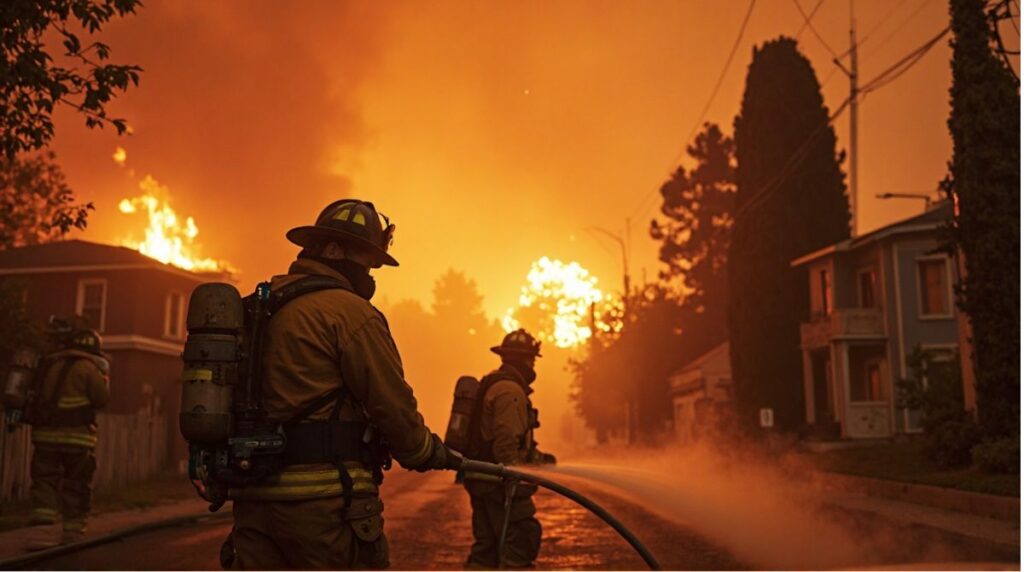 Firefighters battle massive wildfire in Los Angeles neighborhood after Palisades blaze.