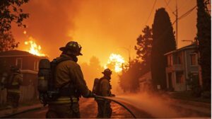 Firefighters battle massive wildfire in Los Angeles neighborhood after Palisades blaze.